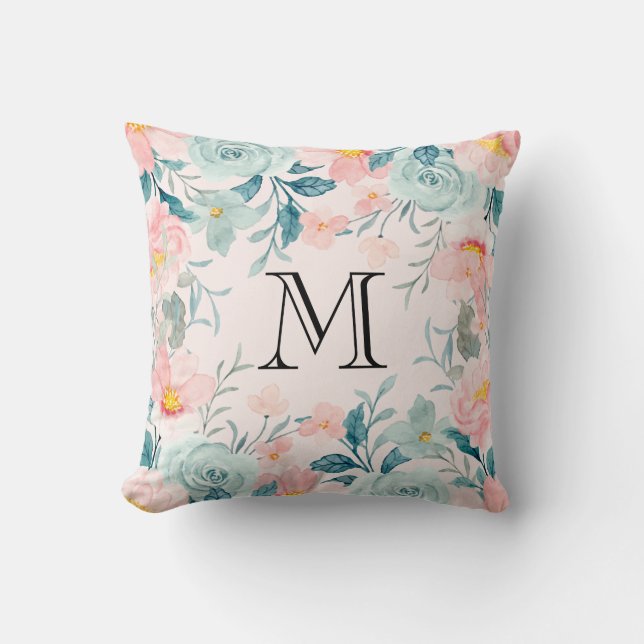 Pink & Green Floral Border Monogram Throw Pillow (Front)