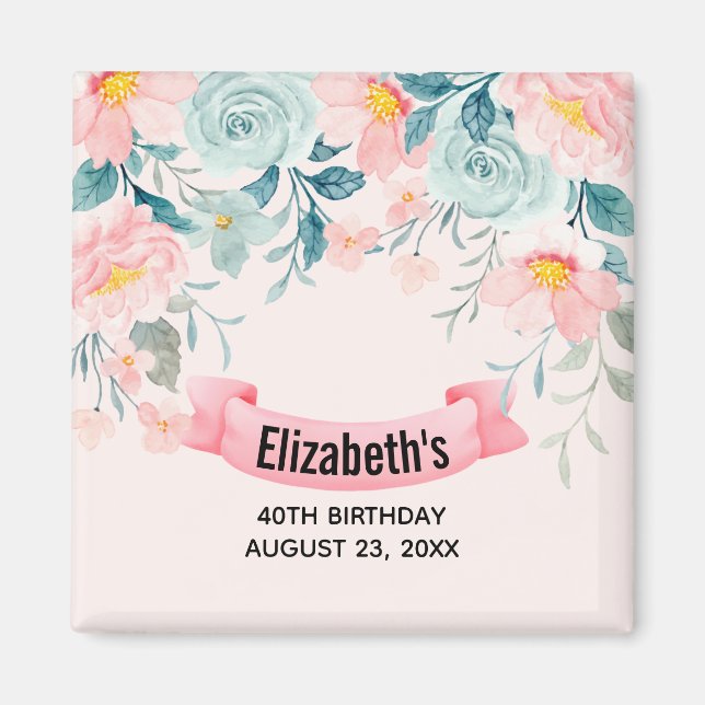 Pink & Green Floral Border Save the Date Magnet (Front)