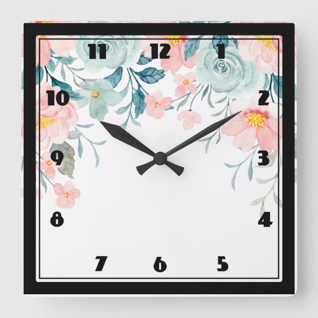  Pink & Green Floral Border Square Wall Clock (Front)