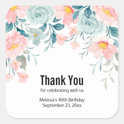 Pink  Green Floral Border Thank You Square Sticker