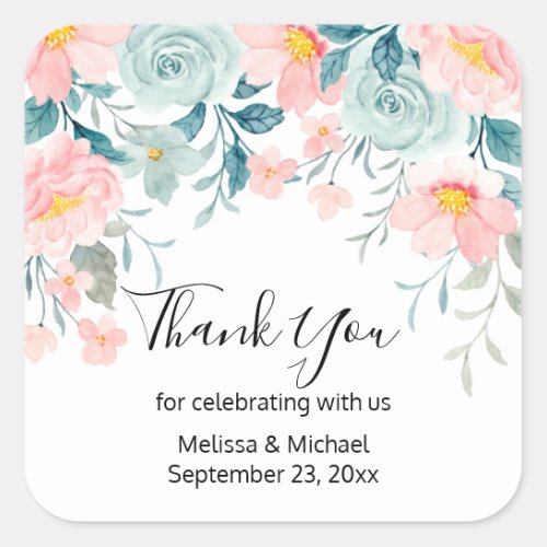 Pink  Green Floral Border Thank You Square Sticker