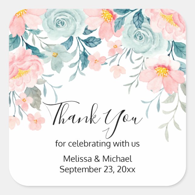 Pink & Green Floral Border Thank You Square Sticker (Front)