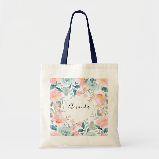 Pink & Green Floral Border Tote Bag (Front)