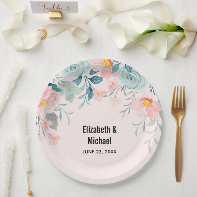 Pink & Green Floral Border Wedding Paper Plates (Wedding)