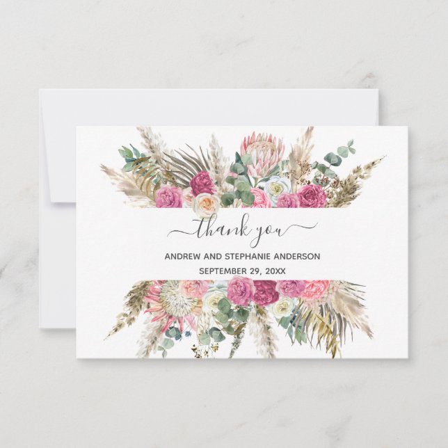 Pink Green Floral Botanical Wedding Thank you card (Front)