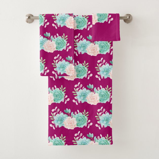 Pink & Green Floral Bouquet on Magenta Pattern Bath Towel Set (Insitu)