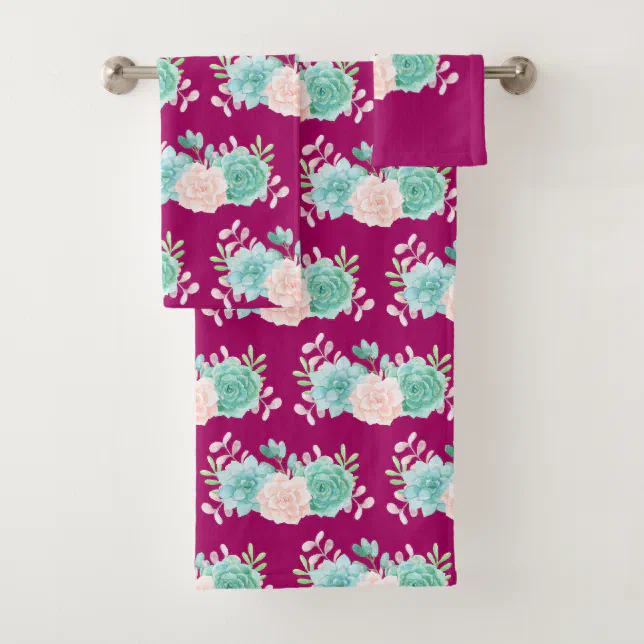 Pink & Green Floral Bouquet on Magenta Pattern Bath Towel Set | Zazzle