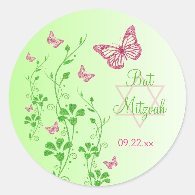 Pink, Green Floral Butterflies Bat Mitzvah Sticker (Front)