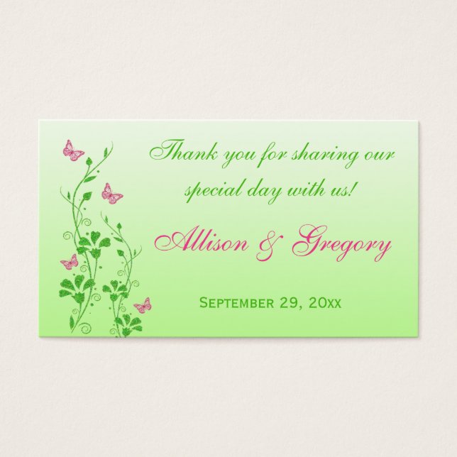 Pink, Green Floral, Butterflies Wedding Favor Tag (Front)