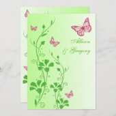 Pink, Green Floral Butterflies Wedding Invitation (Front/Back)