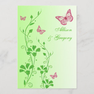 Pink, Green Floral Butterflies Wedding Invitation