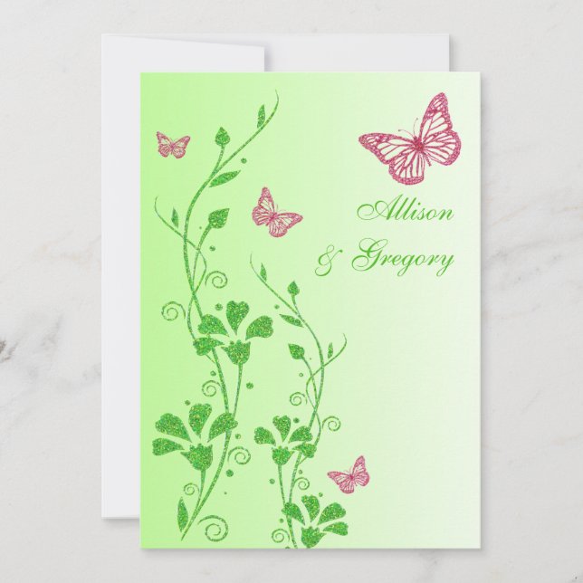 Pink, Green Floral Butterflies Wedding Invitation (Front)