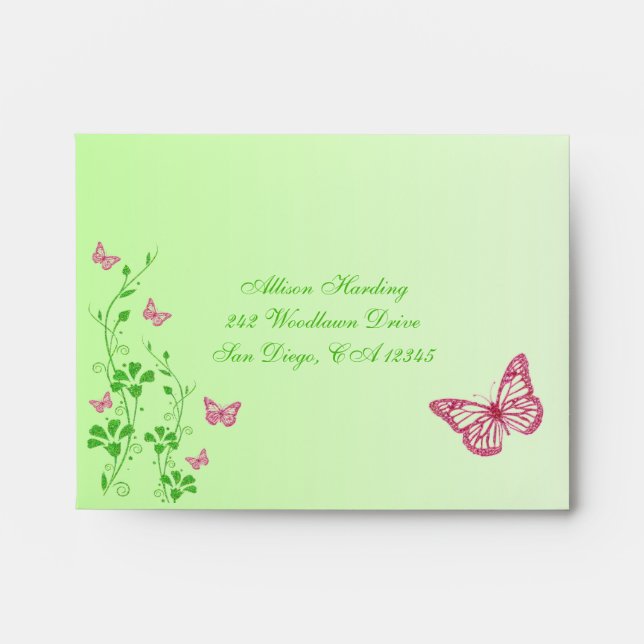 Pink Green Floral Butterfly Envelope for RSVP's (Front)