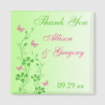 Pink, Green Floral Butterfly Wedding Favor Magnet<br><div class="desc">This pink and green floral thank you wedding favor magnet has pink and green SIMULATED glitter butterflies and flowers on it that matches the wedding invitation shown below. If there are any other matching items you require,  please email your request to niteowlstudio@gmail.com.</div>