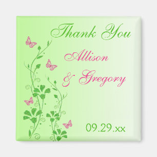 Pink, Green Floral Butterfly Wedding Favor Magnet