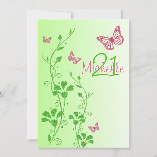 Pink, Green Floral Buttterflies 21st Birthday Invitation (Front)