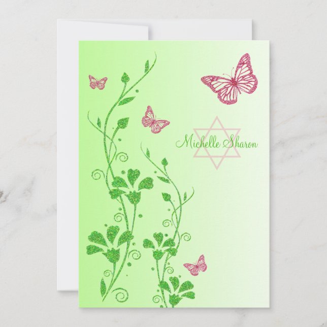Pink, Green Floral Buttterflies Bat Mitzvah Invite (Front)