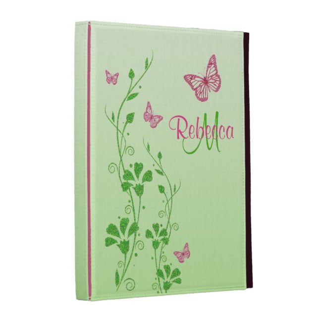 Pink, Green Floral Buttterflies iPad (1,2,3) Folio Cover (Front Spine)