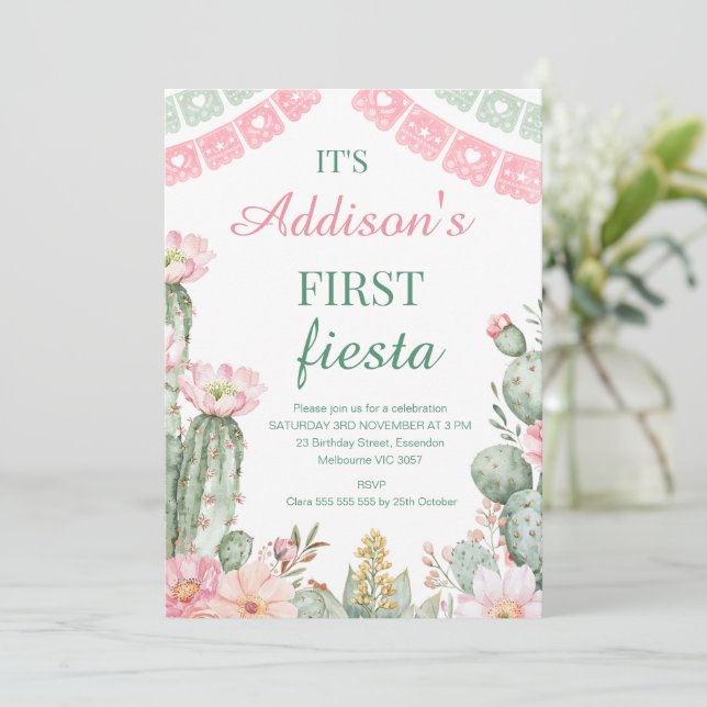 Pink Green Floral Cactus First Fiesta 1st Birthday Invitation (Standing Front)