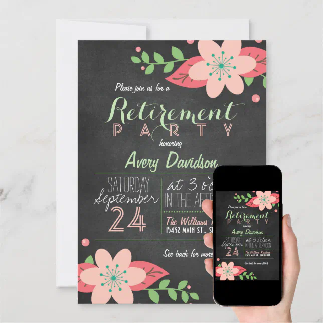 Pink & Green Floral Chalkboard Retirement Party Invitation | Zazzle