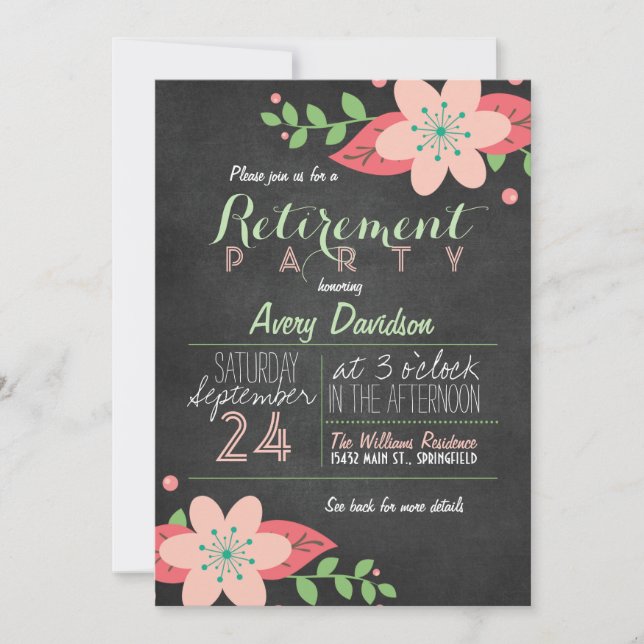 Pink & Green Floral Chalkboard Retirement Party Invitation (Front)