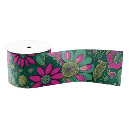 Pink Green floral Design Vintage Mandala  Grosgrain Ribbon