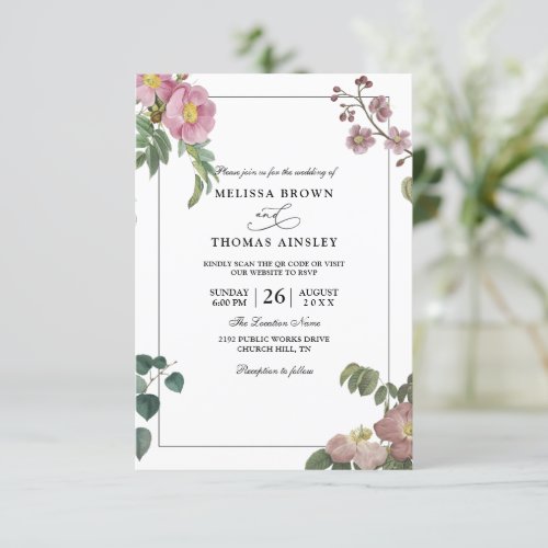 Pink Green Floral Elegant Budget QR Code Wedding Invitation