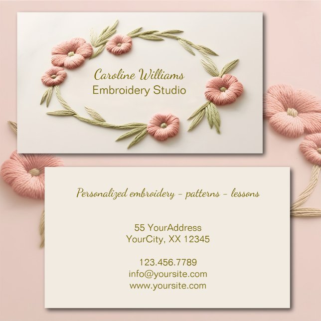 Pink green floral embroidery business card (Business card embroidered wreath)