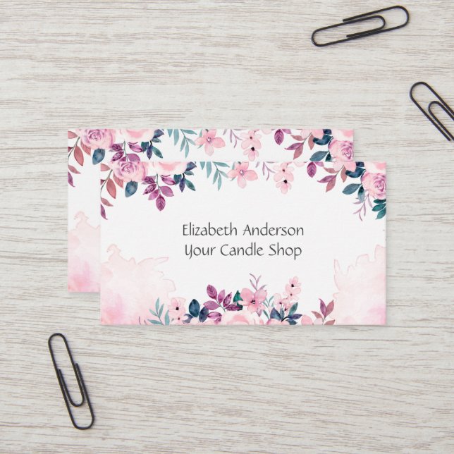 Pink Green Floral Feminine Small Business Card (Front/Back In Situ)
