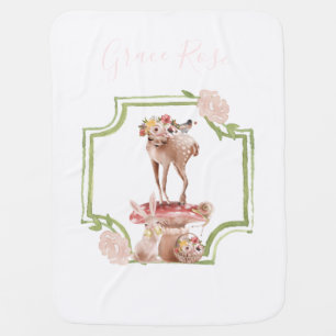Pink Green Floral Forest Bunny Deer Woodland Baby Blanket
