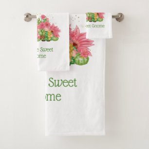 Pink Green Floral Gnomes Gnome Sweet Gnome Bath Towel Set