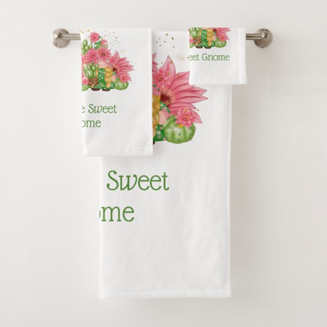 Pink Green Floral Gnomes Gnome Sweet Gnome  Bath Towel Set (Insitu)