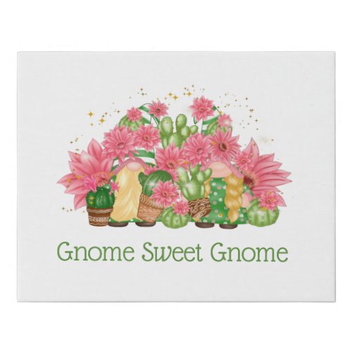 Pink Green Floral Gnomes Gnome Sweet Gnome  Faux Canvas Print