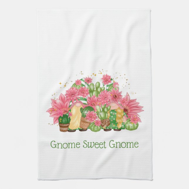 Pink Green Floral Gnomes Gnome Sweet Gnome Kitchen Towel (Vertical)