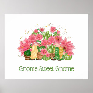 Pink Green Floral Gnomes Gnome Sweet Gnome Poster