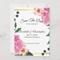 Pink Green Floral Gold Border Wedding Save The Date