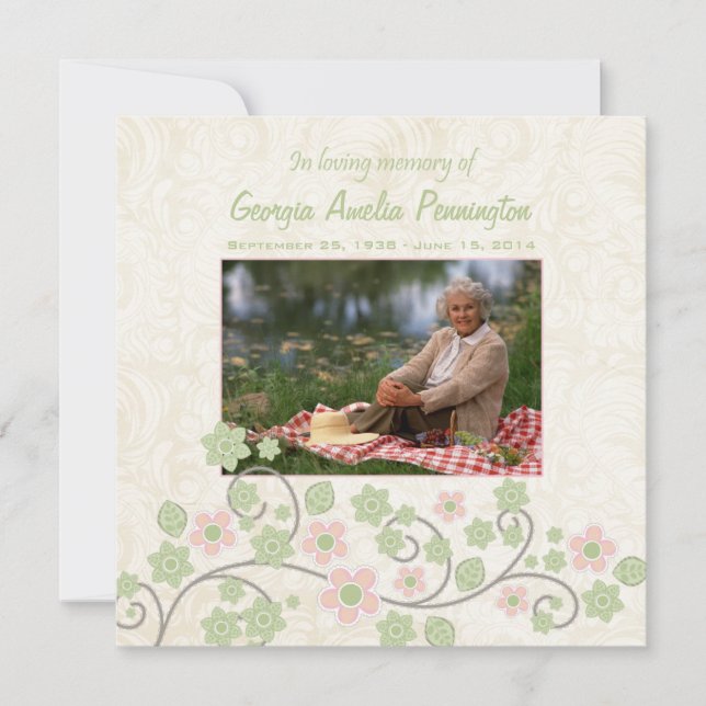 Pink green floral in memoriam photo flat card (Front)