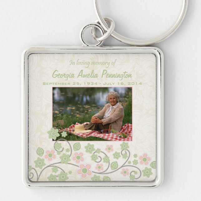 Pink green floral in memoriam photo keychain (Front)