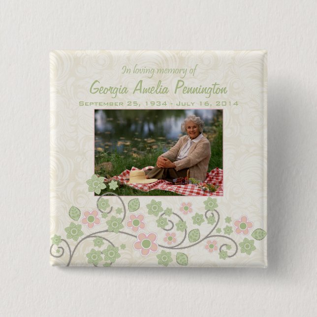 Pink green floral in memoriam photo pinback button (Front)