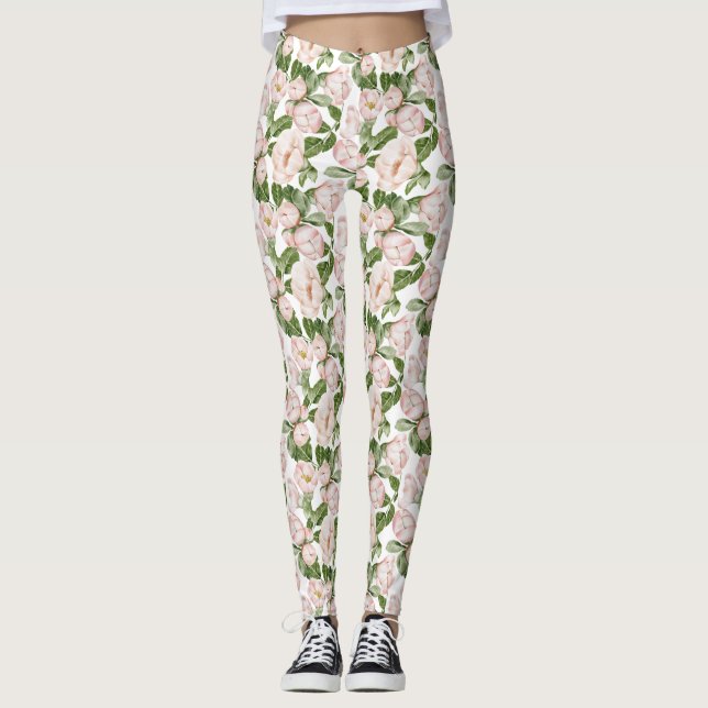  Pink Green Floral  Leggings (Front)