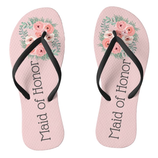 Pink Green Floral Maid of Honor Flip Flops (Footbed)