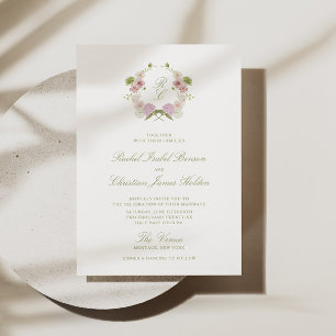 Pink Green Floral Monogram Crest Wedding Invitation