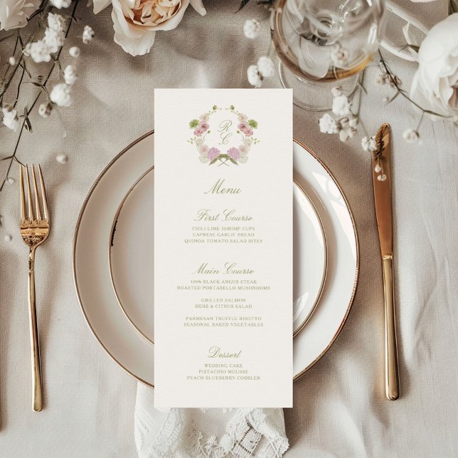 Pink Green Floral Monogram Crest Wedding Menu (Creator Uploaded)