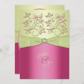 Pink, Green Floral Monogram Wedding Invitation (Front/Back)
