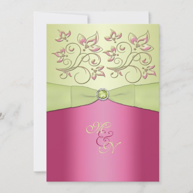 Pink, Green Floral Monogram Wedding Invitation (Front)