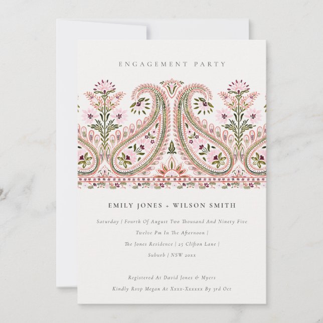 Pink Green Floral Paisley Motif Engagement Invite (Front)