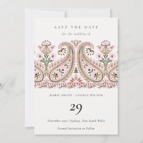 Pink Green Floral Paisley Motif Save the Date Card