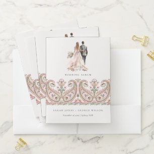 Pink Green Floral Paisley Motif Wedding Couple Pocket Folder