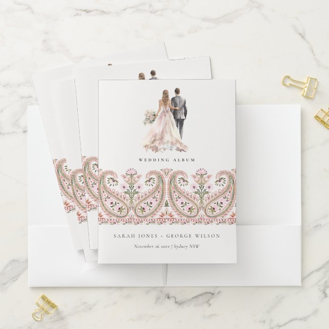 Pink Green Floral Paisley Motif Wedding Couple Pocket Folder (In Situ)