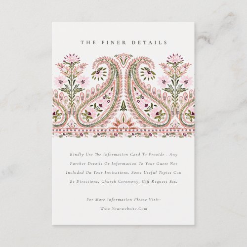 Pink Green Floral Paisley Motif Wedding Details Enclosure Card